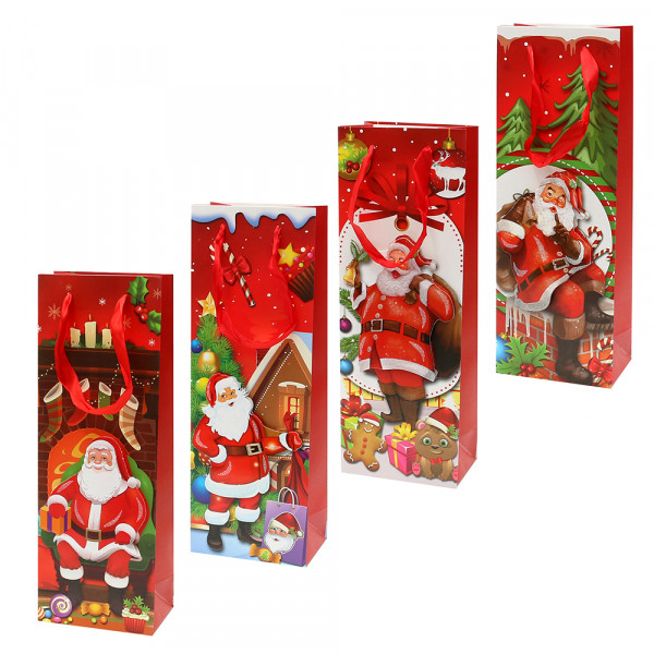 Papier Flaschentüte Santa mit Glitter 4-fach sort. 12,8 x 8,4 x 36 cm 3D im Set