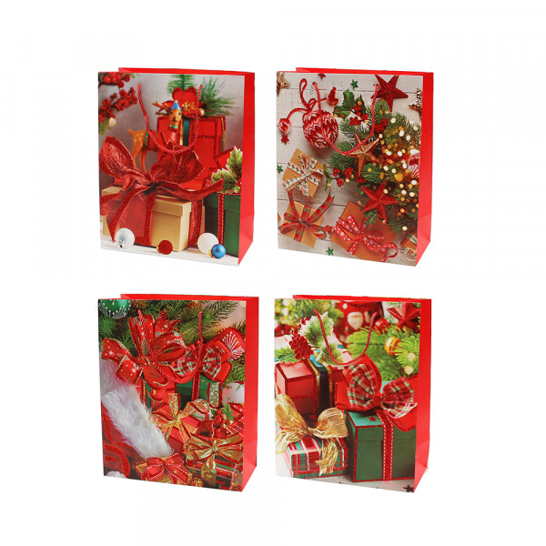 Papier Tragetasche Weihnachts Motive mit rotem Glitter 4-fach sort. 18 x 10 x 23 cm im Set
