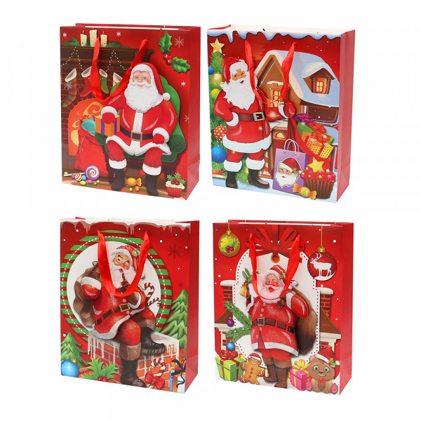 Papier Tragetasche Santa mit Glitter 4-fach sort. 26 x 10 x 32 cm 3D im Set