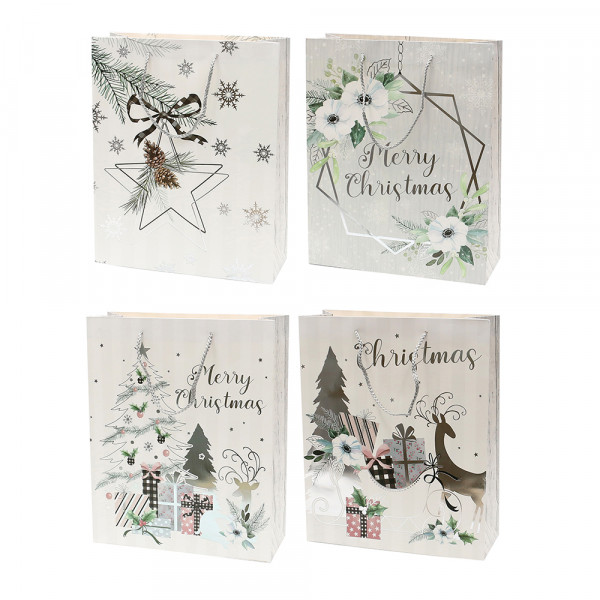 Papier Tragetasche Merry Christmas mit silbernen Akzenten 4-fach sort. 26 x 10 x 32 cm im Set