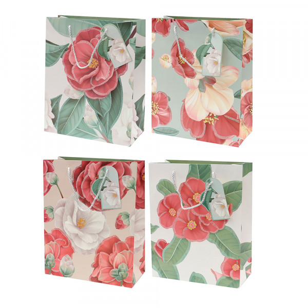 Papier Tragetasche Blumen Motiv mit Glitter 4-fach sort. 26 x 12 x 32 cm im Set