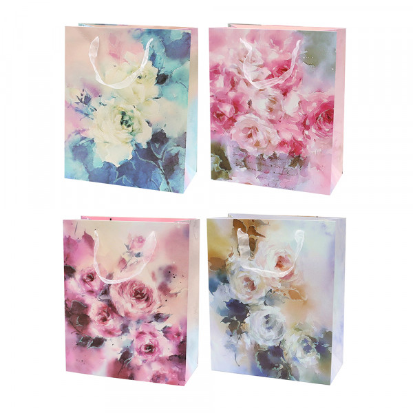 Papier Tragetasche Blumen Motive mit Glitter 4-fach sort. 26 x 12 x 32 cm im Set
