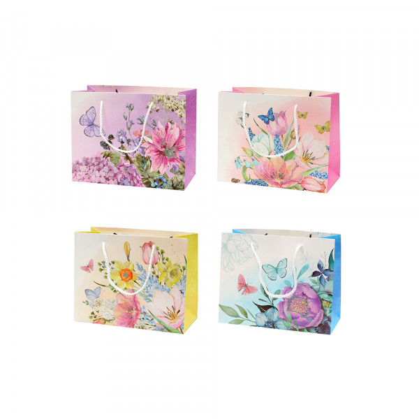 Papier Tragetasche Blumen Impressionen mit Glitter 4-fach sort. 14 x 6 x 15 cm im Set