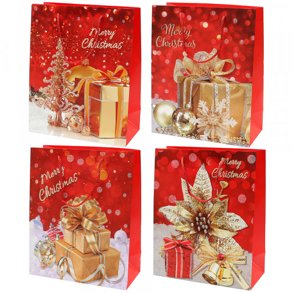 Papier Tragetasche Merry Christmas gold mit Glitter 4-fach sort. 40 x 15 x 55 cm im Set
