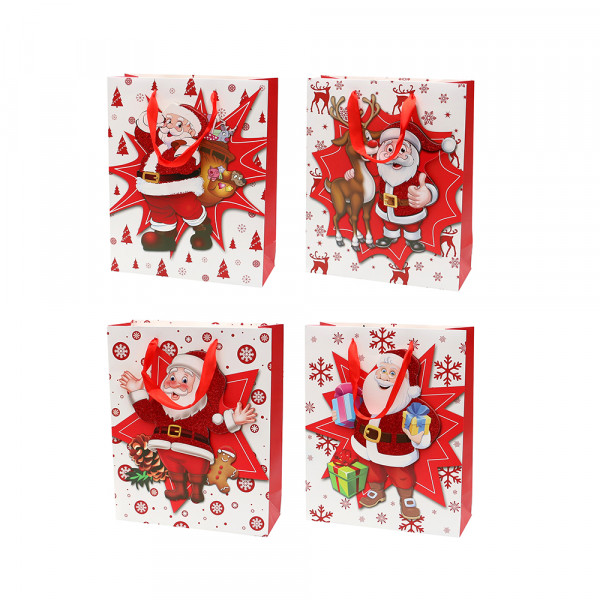 Papier Tragetasche Santa Motive mit rotem Glitter 4-fach sort. 18 x 8 x 24 cm 3D im Set