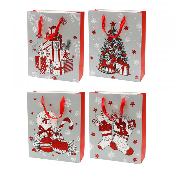 Papier Tragetasche Weihnachtsmotive mit Glitter 4-fach sort. 26 x 10 x 32 cm im Set
