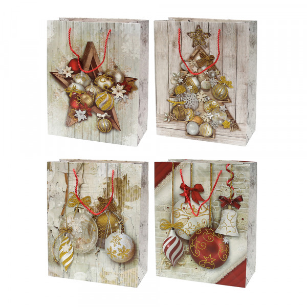 Papier Tragetasche Christmas balls mit goldenem Glitter 4-fach sort. 26 x 12 x 32 cm im Set