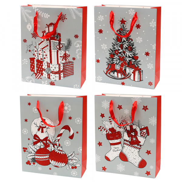 Papier Tragetasche Weihnachtsmotive mit Glitter 4-fach sort. 30 x 12 x 40 cm im Set