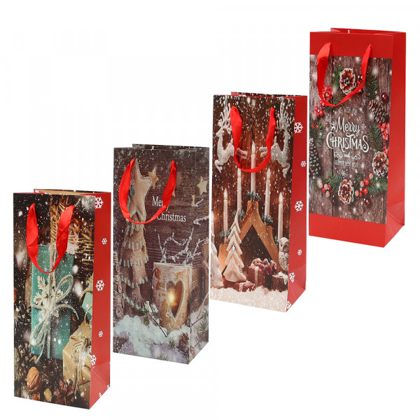 Papier Flaschentüte Weihnachtszeit mit Glitter 4-fach sort. 12,8 x 8,4 x 36 cm im Set
