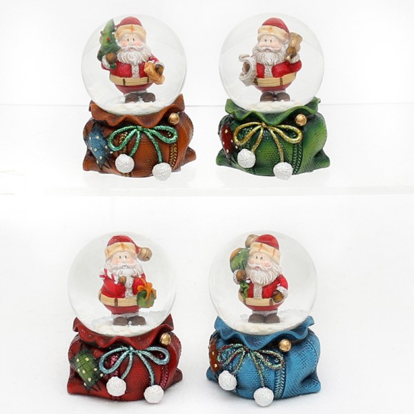 Polyresin Weihnachtssack mit kl. Schneekugel & Weihnachtsmann 4-fach sort. 5 x 5 x 7 cm Ø 4,5 cm im Set