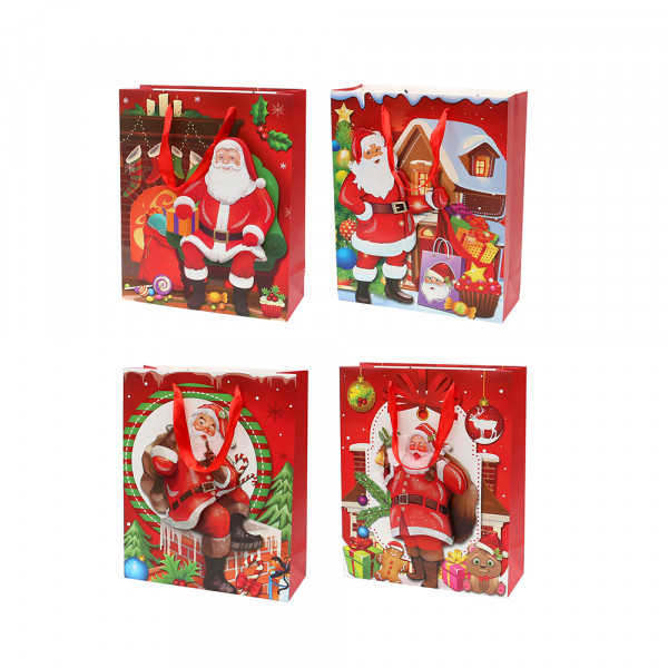 Papier Tragetasche Santa mit Glitter 4-fach sort. 18 x 8 x 24 cm 3D im Set