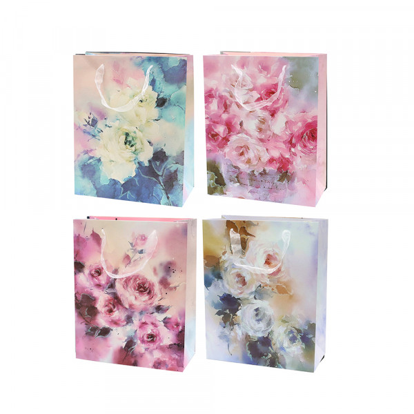 Papier Tragetasche Blumen Motive mit Glitter 4-fach sort. 18 x 10 x 23 cm im Set