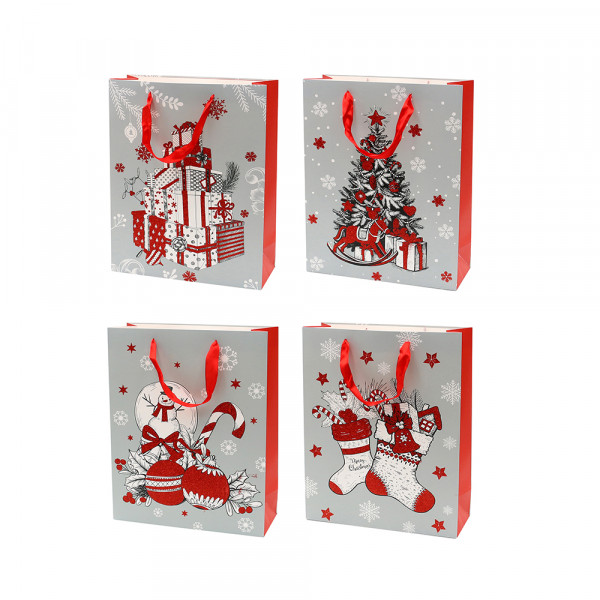 Papier Tragetasche Weihnachtsmotive mit Glitter 4-fach sort. 18 x 8 x 24 cm im Set