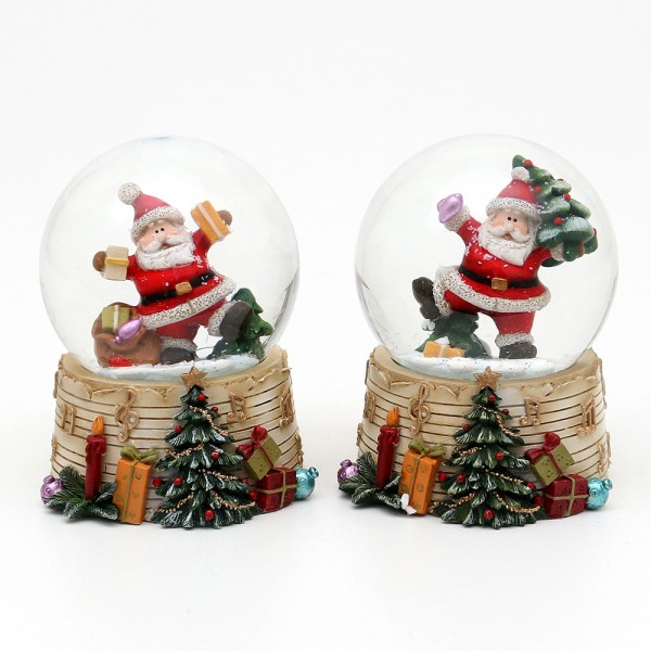 Polyresin Schneekugel fröhlicher Weihnachtsmann mit Geschenken auf Sockel mit Musiknoten 2-fach sort. 6,8 x 7,3 x 9 cm Ø 6,5 cm im Set
