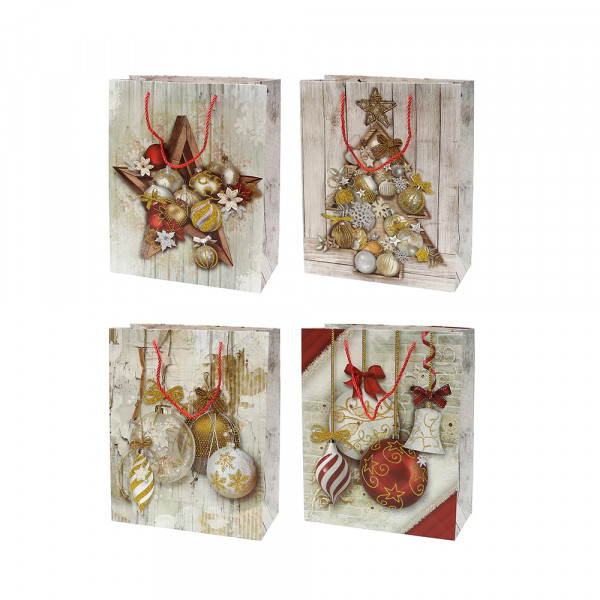 Papier Tragetasche Christmas balls mit goldenem Glitter 4-fach sort. 18 x 10 x 23 cm im Set