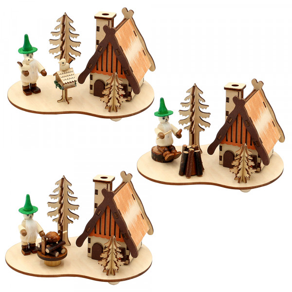 Holz Szene Räucherhaus mit Waldwichtel (Laserholz) 3-fach sort. 15 x 10 x 9 cm im Set
