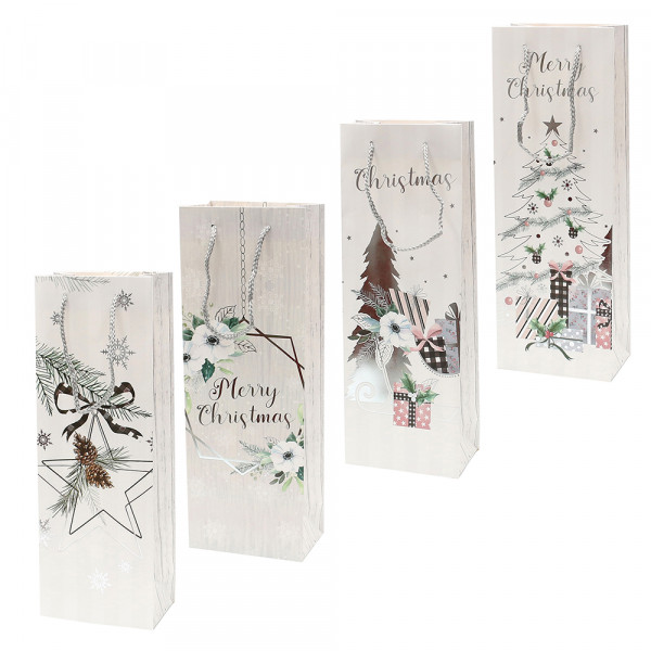 Papier Flaschentüte Merry Christmas mit silbernen Akzenten 4-fach sort. 12,8 x 8,4 x 36 cm im Set