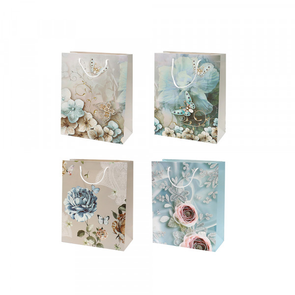 Papier Tragetasche Blumen & Schmetterlinge mit Glitter 4-fach sort. 14 x 6 x 15 cm im Set