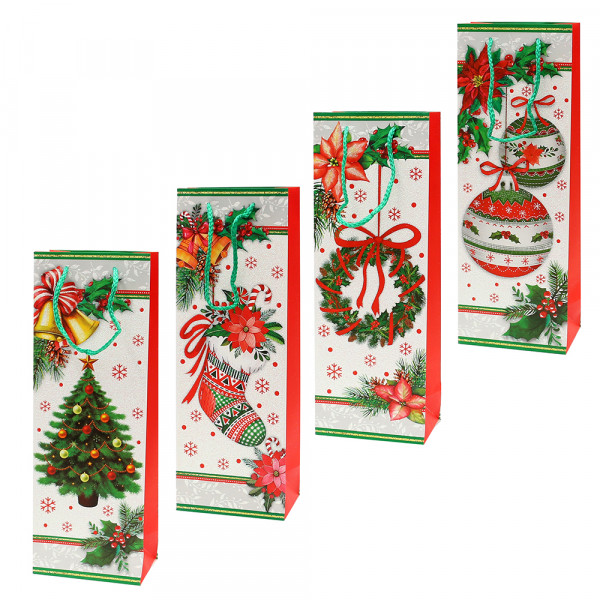Papier Flaschentüte Weihnachts Motive mit Glitter 4-fach sort. 12,5 x 8,5 x 36 cm im Set