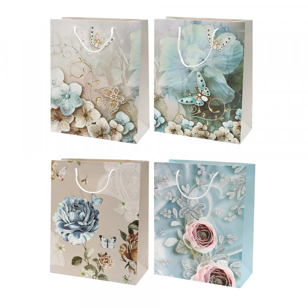 Papier Tragetasche Blumen & Schmetterlinge mit Glitter 4-fach sort. 26 x 12 x 32 cm im Set