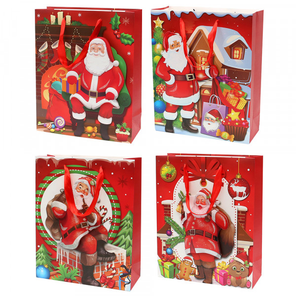 Papier Tragetasche Santa mit Glitter 4-fach sort. 30 x 12 x 40 cm 3D im Set