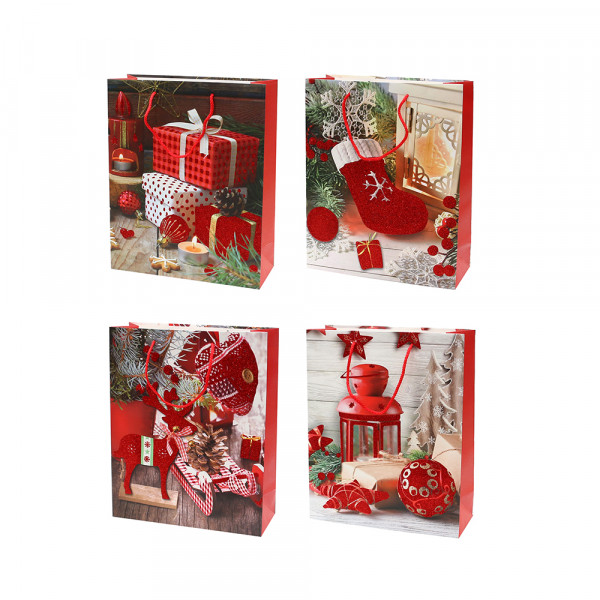 Papier Tragetasche Weihnachtsmotive mit rotem Glitter 4-fach sort. 18 x 8 x 24 cm im Set