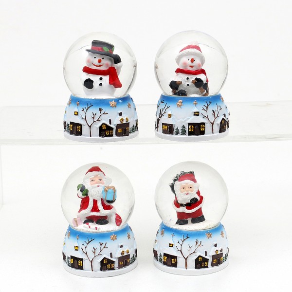 Polyresin Schneekugel Weihnachtsmann und Schneemann mit Stadtmotiv auf Sockel 4-fach sort. 4,5 x 4,5 x 6,3 cm Ø 4,5 cm im Set