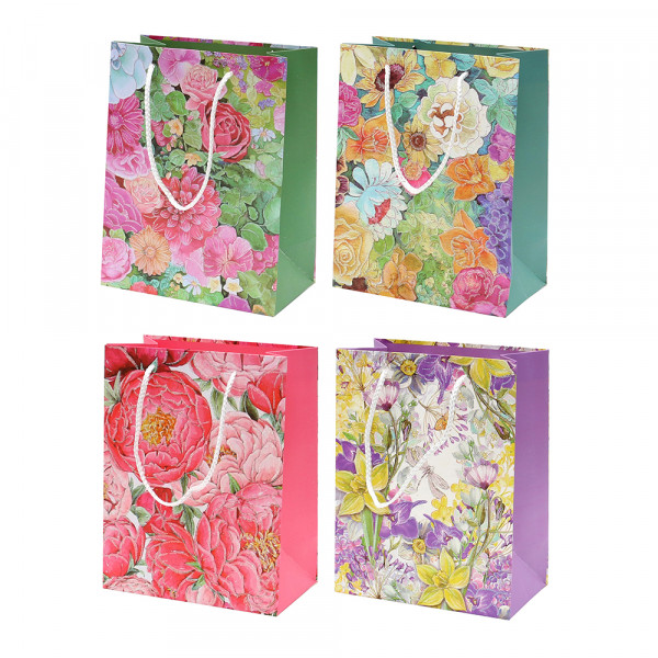Papier Tragetasche Blumen Motive mit Glitter 4-fach sort. 26 x 12 x 32 cm im Set