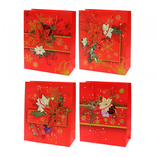 Papier Tragetasche Weihnachtsstern rot mit goldenem Glitter 4-fach sort. 26 x 12 x 32 cm im Set