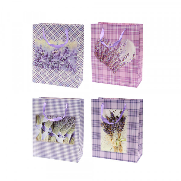 Papier Tragetasche Lavendel Motive mit Glitter 4-fach sort. 18 x 10 x 23 cm im Set