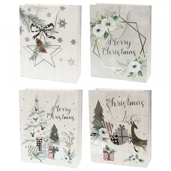 Papier Tragetasche Merry Christmas mit silbernen Akzenten 4-fach sort. 30 x 12 x 40 cm im Set