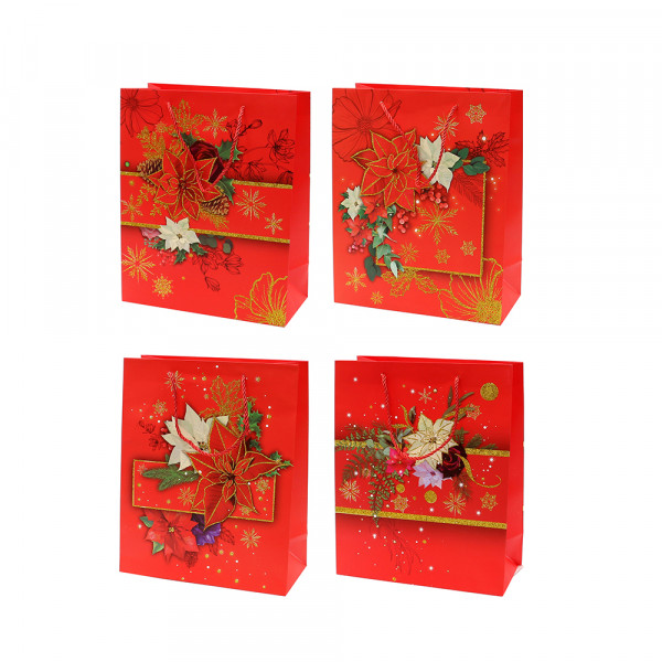 Papier Tragetasche Weihnachtsstern rot mit goldenem Glitter 4-fach sort. 18 x 10 x 23 cm im Set