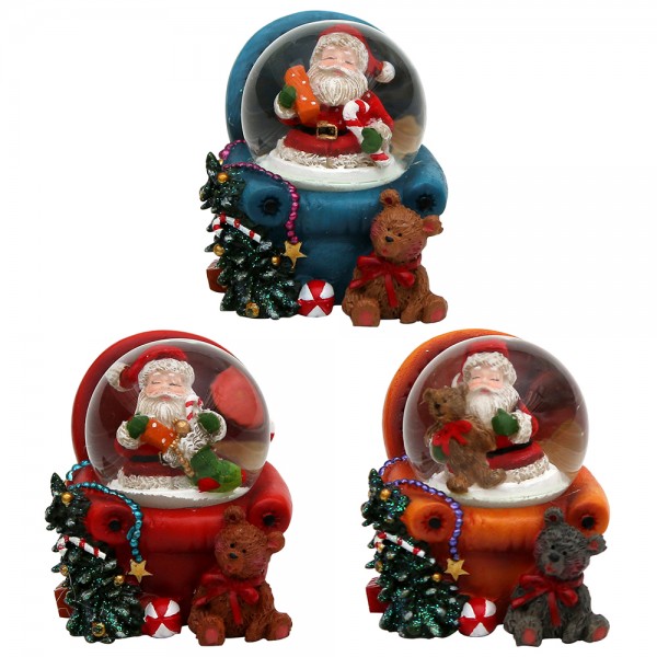 Polyresin Schneekugel Santa im Sessel 3-fach sort. 5,5 x 6 x 5 cm Ø 3,5 cm im Set