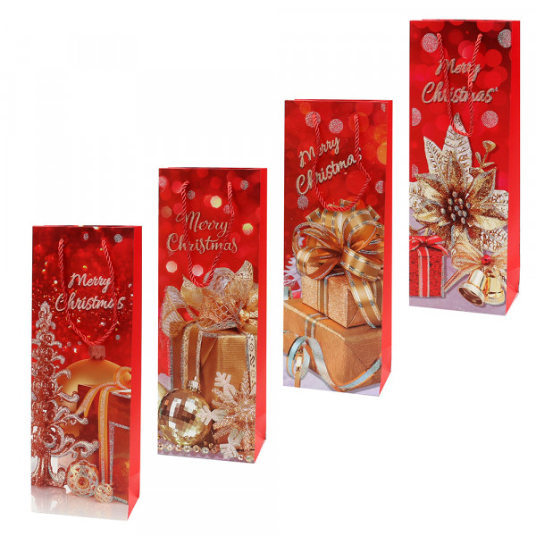 Papier Flaschentüte Merry Christmas gold mit Glitter 4-fach sort. 12,5 x 8,5 x 36 cm im Set