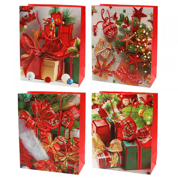 Papier Tragetasche Weihnachts Motive mit rotem Glitter 4-fach sort. 30 x 12 x 40 cm im Set