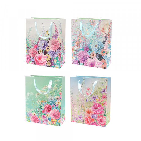Papier Tragetasche Blumen Motive mit Glitter 4-fach sort. 18 x 10 x 23 cm im Set