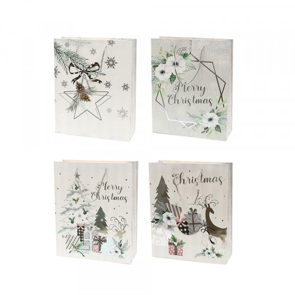 Papier Tragetasche Merry Christmas mit silbernen Akzenten 4-fach sort. 18 x 8 x 24 cm im Set