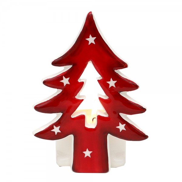 Dolomite Teelichthalter mit Baum weiß/rot glasiert 8,2 x 6,5 x 11,8 cm
