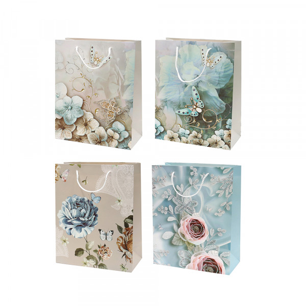Papier Tragetasche Blumen & Schmetterlinge mit Glitter 4-fach sort. 18 x 10 x 23 cm im Set