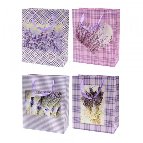 Papier Tragetasche Lavendel Motive mit Glitter 4-fach sort. 26 x 12 x 32 cm im Set