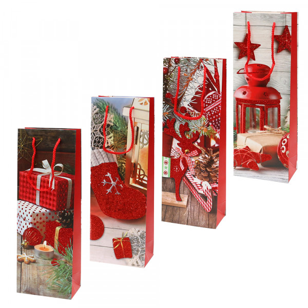 Papier Flaschentüte Weihnachtsmotive mit rotem Glitter 4-fach sort. 12,8 x 8,4 x 36 cm im Set