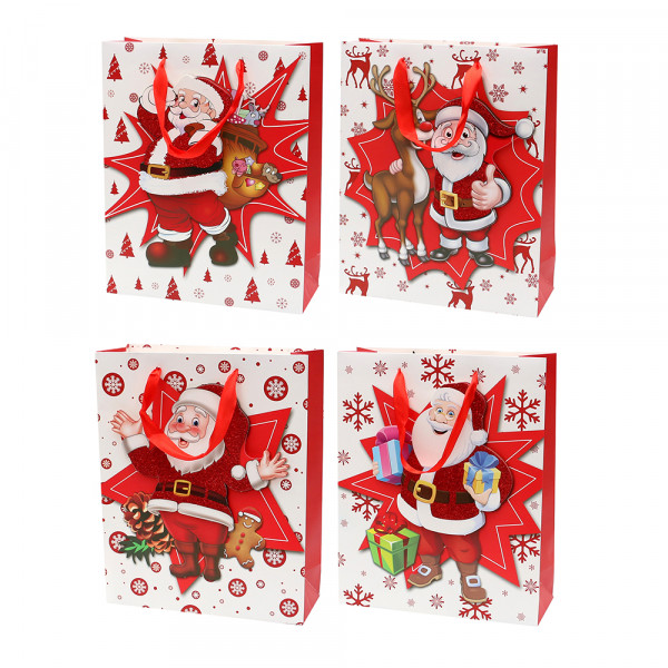 Papier Tragetasche Santa Motive mit rotem Glitter 4-fach sort. 26 x 10 x 32 cm 3D im Set