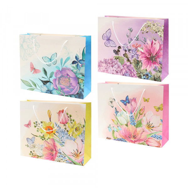 Papier Tragetasche Blumen Impressionen mit Glitter 4-fach sort. 26 x 10 x 32 cm im Set