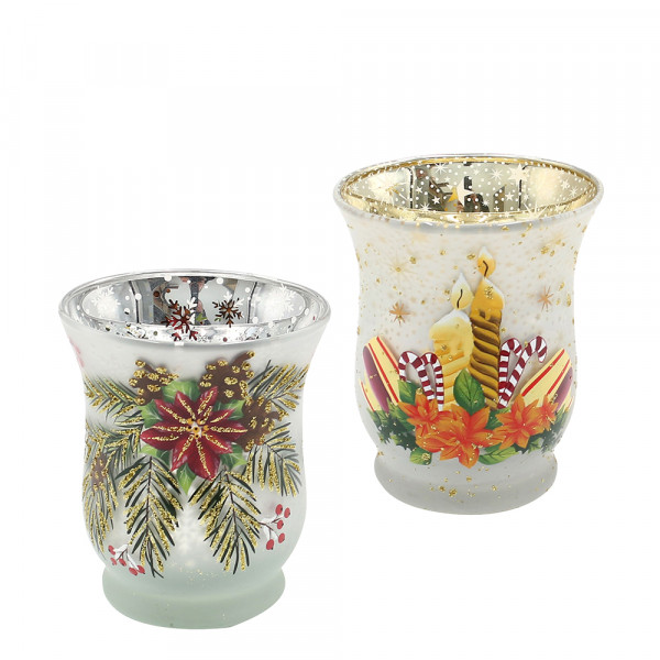 Glas Teelichtbecher Tannenzweige und Kerze 2-fach sort. 8 x 8 x 9 cm im Set
