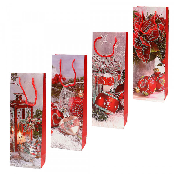 Papier Flaschentüte Weihnachtsstimmung mit Glitter 4-fach sort. 12,5 x 8,5 x 36 cm im Set